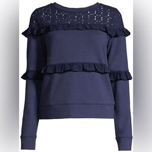 LILLY PULITZER Sonja Lace Eyelet Yoke Tiered Ruffle Sweatshirt True Navy Size XS